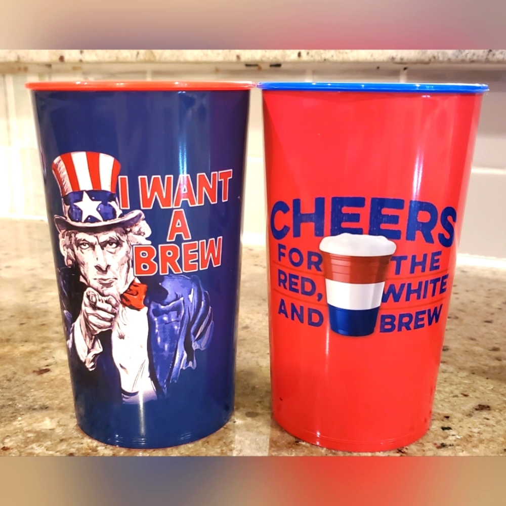 22oz Patriotic Brew Cheers Reusable Plastic‎ Cups, Red, Wht, Blue (2 Cups)